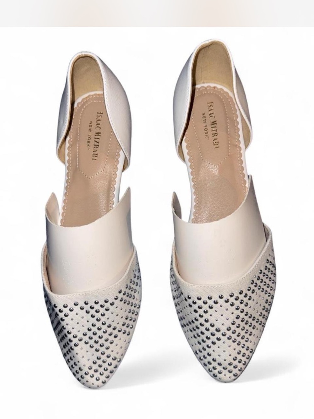 Isaac Mizrahi Cream Pointed-Toe D'Orsay Flats with Silver Studs